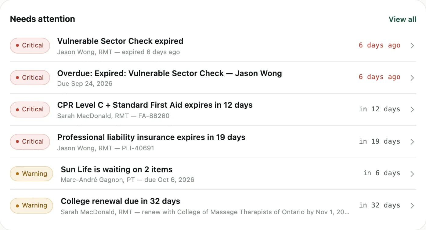 Needs attention: an expired vulnerable sector check, CPR and liability insurance expiring within weeks, a Sun Life request waiting, and a college renewal due November 1.